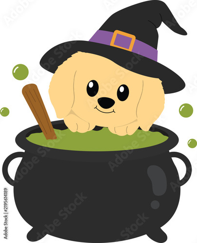 Cute Golden Retriever Puppy Sitting Inside Witch Cauldron Vector