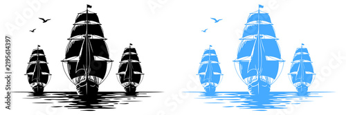 Foto Four sailing ships with full sails and flags on the water with birds flying abov