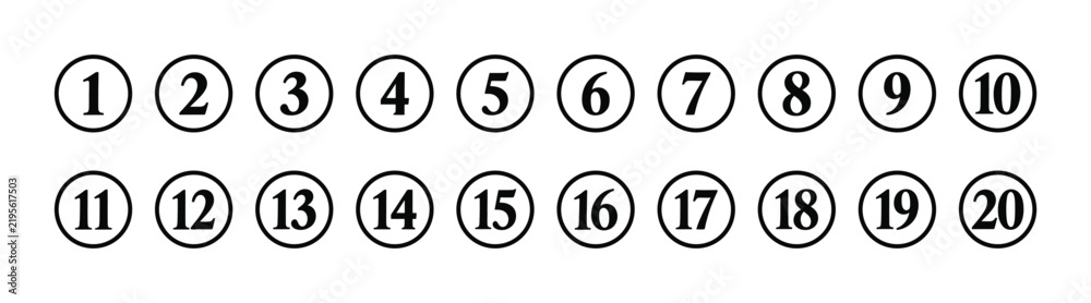Obraz premium Bullet Points icon set in line style, Simple round numbers in flat style, Set of 1-20 numbers simple black symbol sign for apps, UI, and website, icon vector illustration.
