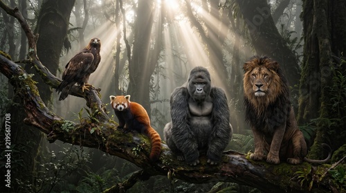 Majestic Wildlife Gathering: Eagle, Red Panda, Gorilla, Lion on Forest Tree Branch, Sunbeams, Lush Greenery, Nature's Harmony, Animal Kingdom Portrait
