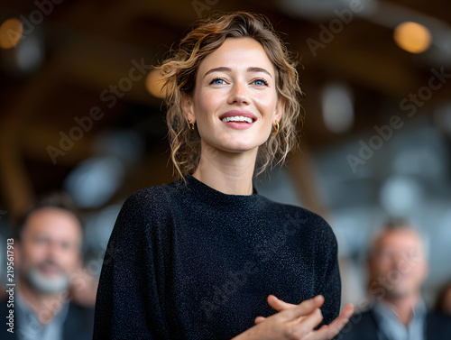 executive gesturing confidently while presenting slide