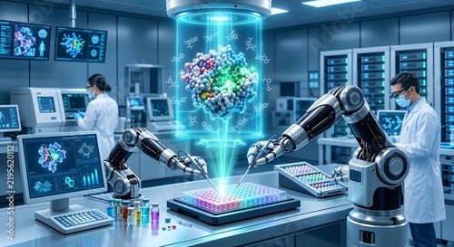 Futuristic Robotic Arms Conducting Biotechnology Research with Molecular Hologram in Advanced Laboratory