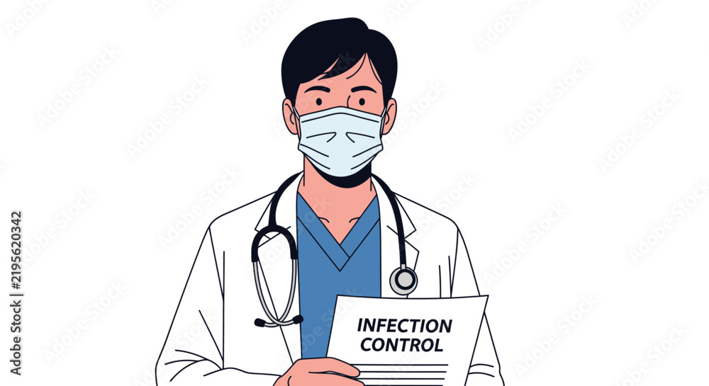 Fototapeta premium Color vector illustration of a male doctor wearing a face mask and white coat with a stethoscope, holding an infection control document.