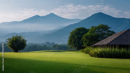 Serene landscape featuring lush green golf course with mountain backdrop and surrounding trees and pavilion