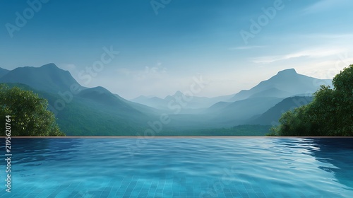 Scenic mountain landscape with a reflective pool surrounded by lush greenery and distant misty peaks under a blue sky