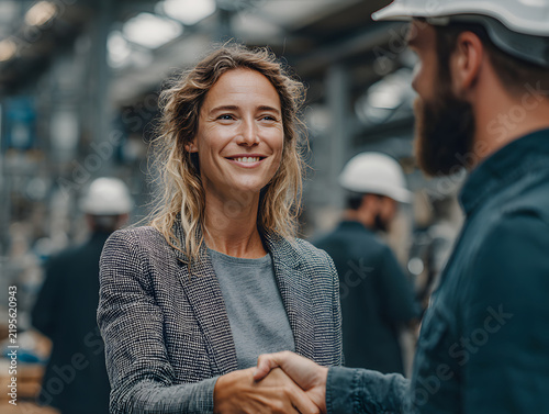 woman shaking hands with an engineer in hardhat 