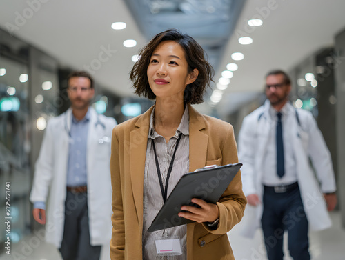businesswoman in blazer consulting with doctors 
