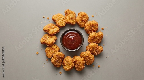 Chicken nuggets - Golden crispy nuggets arranged around dipping sauce