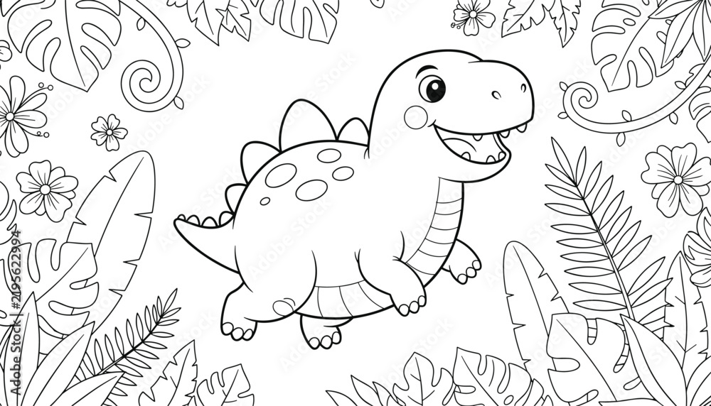 Fototapeta premium Fun dinosaur coloring book page for children featuring a cute stegosaurus cartoon character in a tropical jungle.