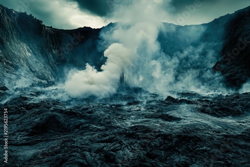Volcanic landscape shrouded in dramatic smoke and mist.