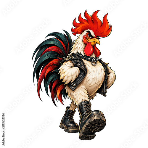 Punk Rock Rooster Mascot Wearing Leather Vest and Combat Boots with Bold Attitude