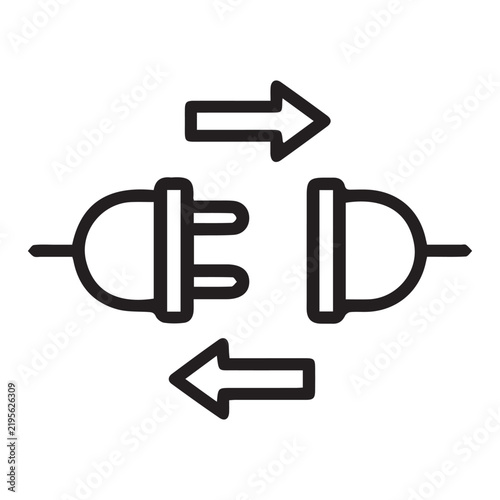 Minimalist electric plug icon vector, black line art power connector with arrows, electrical connection and disconnection symbol for energy apps