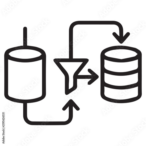 Data filtering icon vector, database migration and processing symbol, black line art information flow diagram for software development
