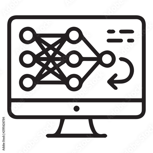 Neural network machine learning icon on computer monitor, artificial intelligence deep learning vector, black line art data science technology symbol