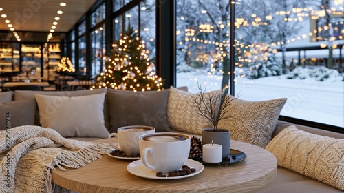 Cozy indoor scene with warm drinks and festive outdoor ambiance during winter.