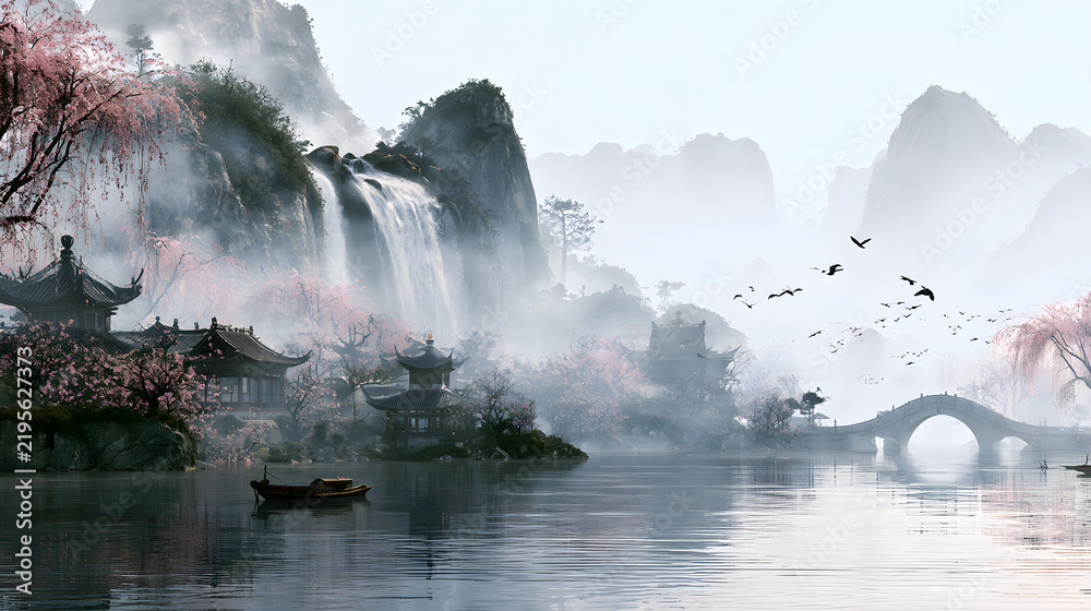 Obraz premium Chinese-inspired landscape featuring lakes and mountains, rendered in Japanese watercolor style with waterfall, hills, cherry blossom trees, temples, boat, bridge, and birds. Perfect for wall art, pri