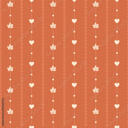 Autumn Heart and Maple Leaf Vertical Stripe Seamless Pattern. Perfect for autumn fabric, wallpaper, wrapping paper, stationery, scrapbook projects, quilting, and seasonal surface design.