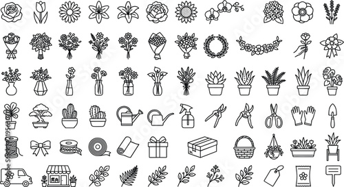 Minimalist black and white florist outline icon set featuring flowers bouquets vases houseplants gardening tools and delivery shop signs isolated on white background
