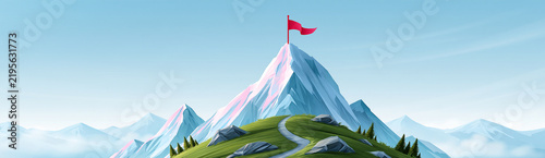 A winding path leads up a green mountain peak with a red flag at the summit, surrounded by distant snowy mountains under a clear blue sky.