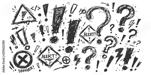 Set of hand drawn sketch signs including exclamation marks question marks danger symbols and alert warning icons