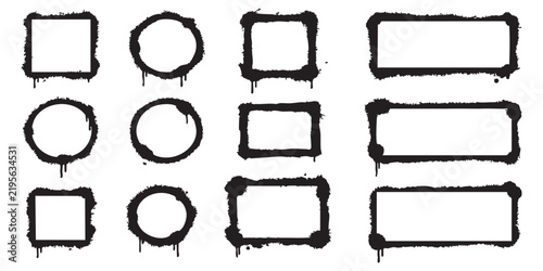 Set of black spray paint graffiti frames with circles squares and rectangles for urban street art designs