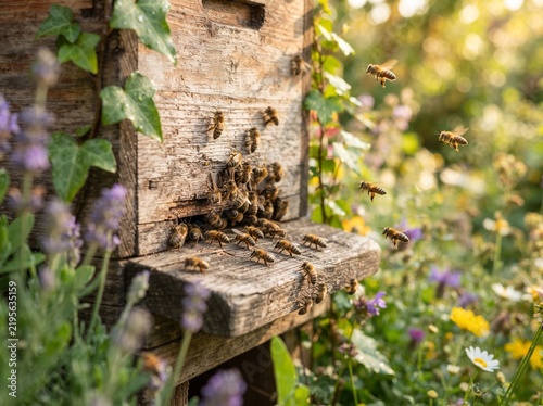 Wooden beehive box in green garden with honeybees flying and entering the hive