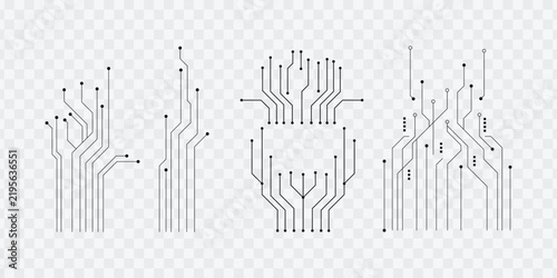 Set of black circuit board line elements and pathways.