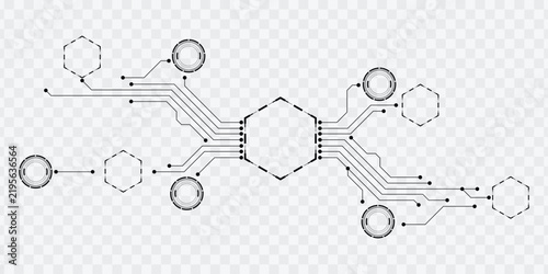 Tech circuit lines connecting hexagonal and round nodes.