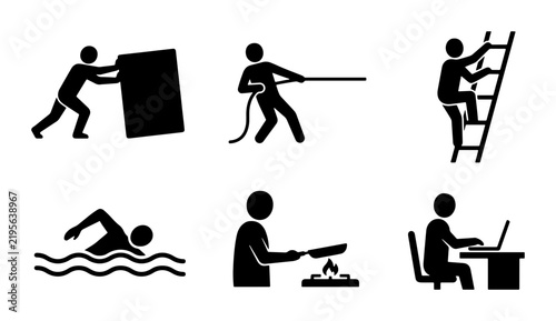 Action Stick Figures: Pushing, Pulling, Climbing, Swimming, Cooking, Working Icons