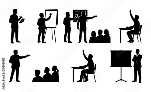 Business Presentation Silhouettes, Speaker Icons, Audience Group, Meeting Icons, Training Vector Set