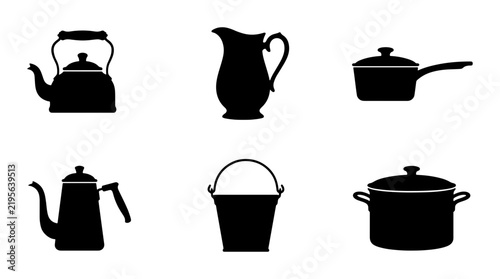 Kitchenware Silhouettes: Kettle, Jug, Pot, Pail, Coffee Pot, Saucepan Icons for Cooking and Home