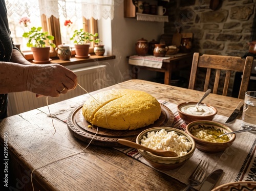 Senior woman cutting steaming mamaliga with a string on a rustic table with traditional cheese and garlic sauce