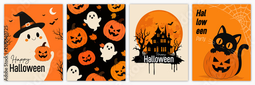 Cute halloween card collection featuring spooky ghosts pumpkins haunted mansion and black cat on orange background set.