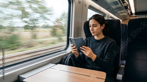 Young woman using a foldable smartphone while traveling on a train