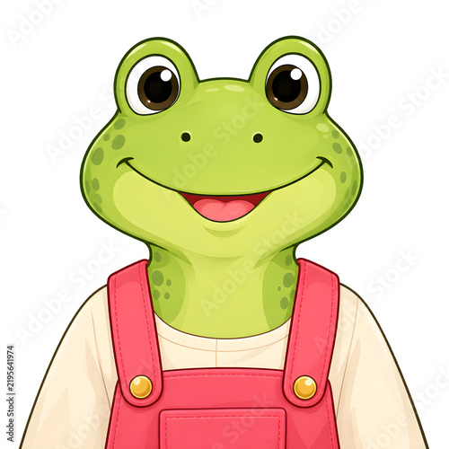 Cute green frog cartoon character with big expressive eyes, smiling face, and pink overalls, isolated illustration suitable for children’s education, books, games, and design.