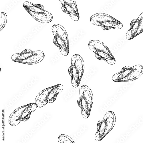 seamless pattern summer flip flops hand drawn. footwear comfort, slip on, pool vacation summer flip flops black sketch illustration