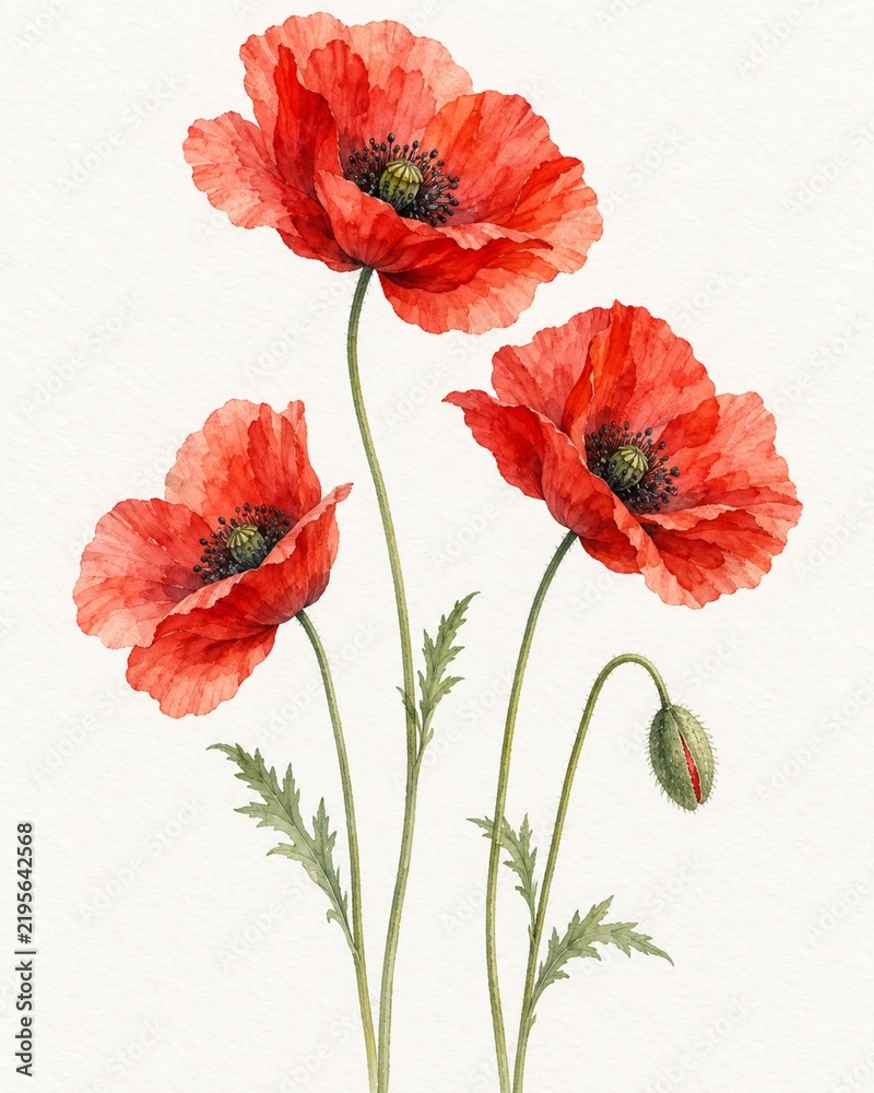 Obraz premium Delicate watercolor red poppies with slender green stems