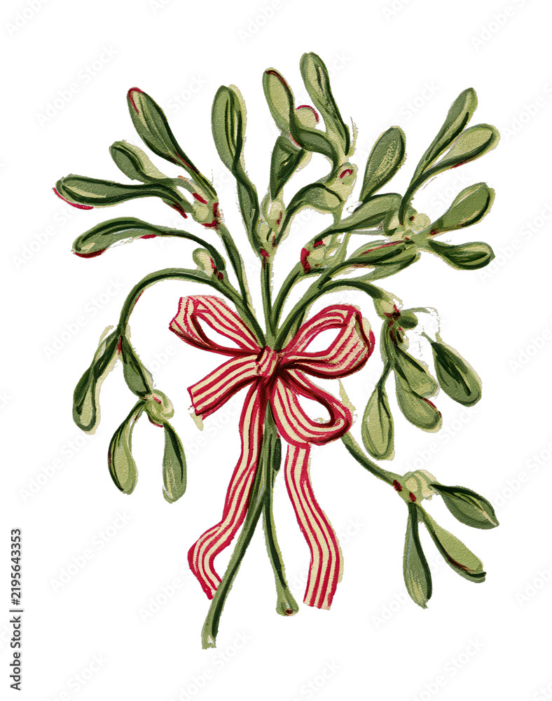 Obraz premium PNG Hand drawn mistletoe wreath with red ribbon on textured paper
