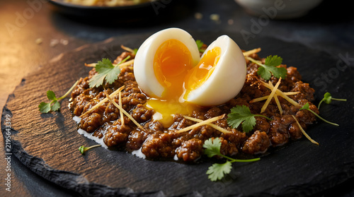 Delicious homemade minced meat dish served with a soft boiled egg cut in half with runny yolk garnished with fresh coriander leaves and ginger strips on a rustic dark slate plate close up view