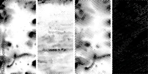 A series of four abstract black and white textures showcase a progression of visual effects, from grainy and organic to sharp and pixelated.