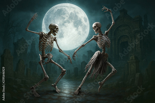 Dancing skeletons under a full moon in a spooky cemetery at night