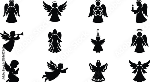 Set of Christmas angel icons, black silhouette collection featuring various poses, wings, halos, and festive holiday design elements isolated