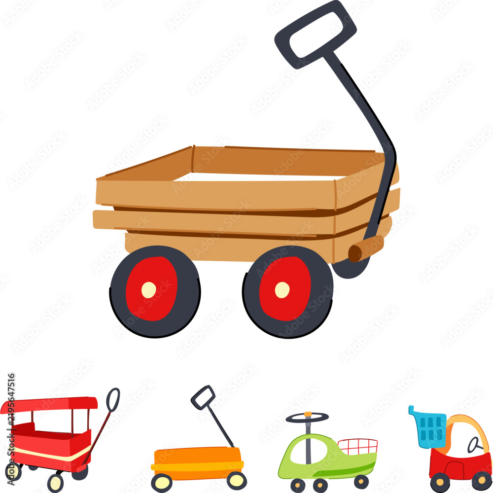 Obraz premium Child's plaything collection featuring a wooden wagon and different small toy cars, carts, and ride on vehicles, inspiring imaginative fun and early development
