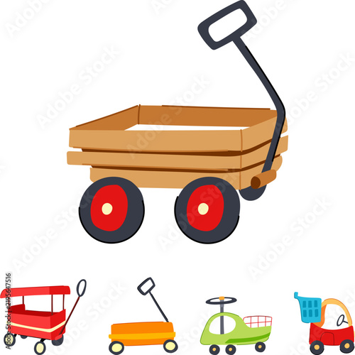 Child's plaything collection featuring a wooden wagon and different small toy cars, carts, and ride on vehicles, inspiring imaginative fun and early development