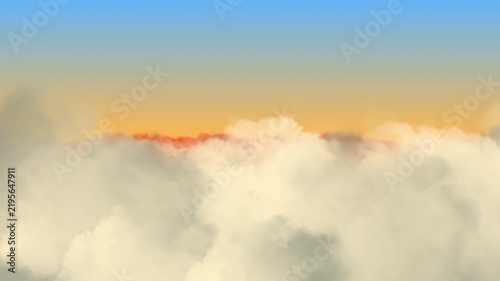 Aerial view flight motion video above cloud layer with sunset or sunrise sky gradient for background overlay and travel design.