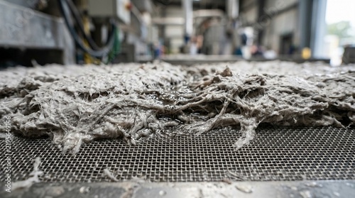Close-up of damp, fibrous material being processed on an industrial mesh filter
