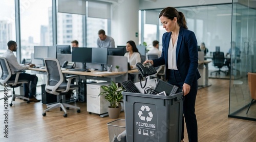 Corporate employee in office environment diligently placing electronic waste into a recycling bin for responsible disposal and sustainability.