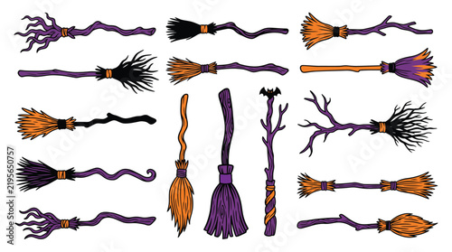 Halloween witch broomsticks set with magical rustic twigs and purple