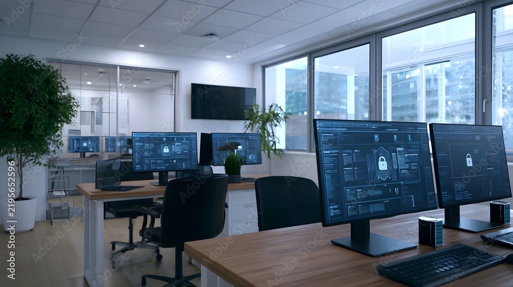 Obraz premium Modern office workspace with multiple computer monitors displaying security interface designs and lock icons