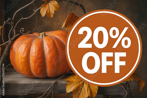 Orange pumpkin for autumn harvest sale with twenty percent off promotional circle badge sign